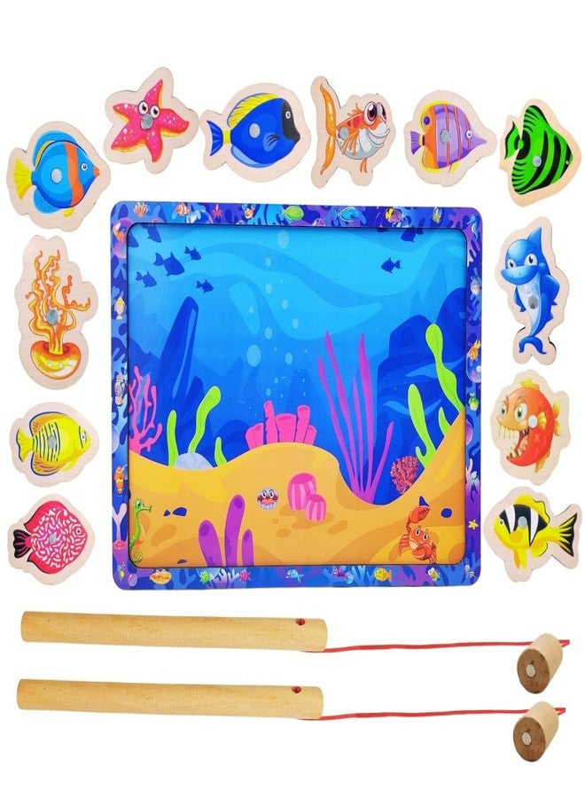 PLUSPOINT 15 Pieces Wooden Magnetic Fishing Game for Kids 12 Fishes 2 Stick 1 Pool Tray Magnet Fish Game Wooden Magnetic Fishing Toys for Kindergarten Preschool Kids Girl Boy (Fish Tray) - Image 1